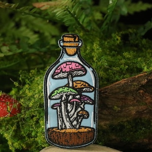 mushrooms in the bottle patch, iron on patch, embroidered patch, applique, iron on clothing labels,
