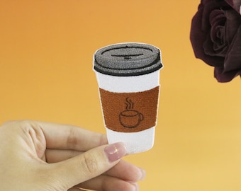 hot coffee patch, takeout coffee patch, iron on patch, embroidered patch, applique, iron on clothing labels,
