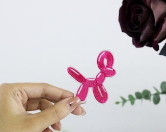 pink balloon dog patch, iron on patch, embroidered patch, applique, iron on clothing labels,