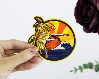 beach, sunrise, coconut patch, iron on patch, embroidered patch, applique, iron on clothing labels,