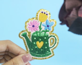 chenille green flower watering can patch, iron on patch, embroidered patch, applique, iron on clothing labels,