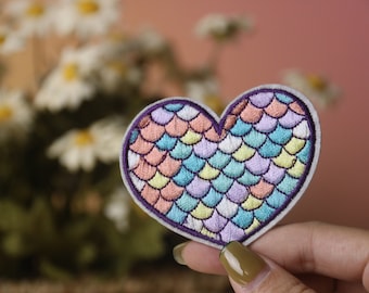 scales of Mermaid patch, rainbow heart patch, iron on patch, embroidered patch, applique, iron on clothing labels,