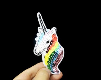 rainbow sequined unicorn patch, iron on patch, embroidered patch, applique, iron on clothing labels,