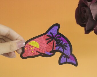 dolphin patch, beach patch, sundown patch, iron on patch, embroidered patch, applique, iron on clothing labels,
