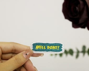 well done patch, word patch, iron on patch, embroidered patch, applique, iron on clothing labels,