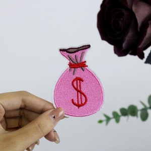 toppa con sacco di soldi rosa, toppa stirabile, toppa ricamata, applicazione, etichette per indumenti stirabili,