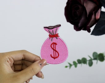 roze geldzakpatch, opstrijkpatch, geborduurde patch, appliqué, opstrijkbare kledinglabels,