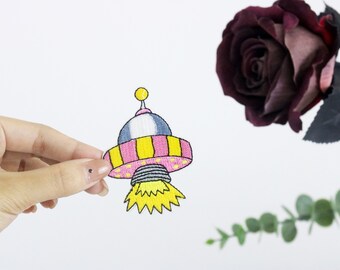 rocket patch, UFO patch, Launching patch, iron on patch, embroidered patch, applique, iron on clothing labels,