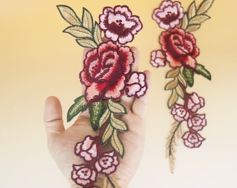 a pair of large gorgeous rose patch, flower patch, long flower, iron on patch, embroidered patch, applique, iron on clothing labels,