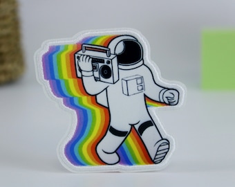 rainbow astronaut with radio patch, iron on patch, embroidered and printing patch, applique, iron on clothing labels,