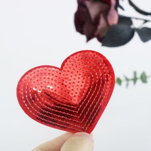 sequined red heart patch, iron on patch, embroidered patch, applique, iron on clothing labels,