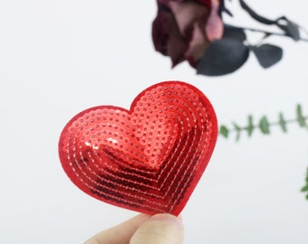 sequined red heart patch, iron on patch, embroidered patch, applique, iron on clothing labels,
