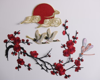 crane patch, sun patch, red cherry blossom patch, dragonfly patch, iron on patches, embroidered patches, applique, patches by set