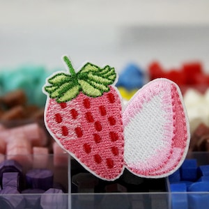 delicious strawberry patch, fruit patch, iron on patch, embroidered patch, applique, iron on clothing labels,
