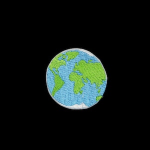 May include: A blue and green embroidered patch of the Earth. The continents are green and the oceans are blue.