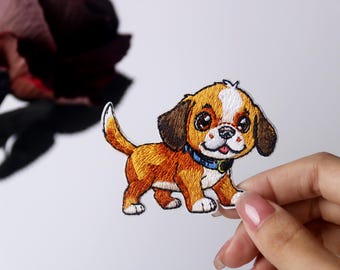 cute puppy patch, dog patch, iron on patch, embroidered patch, applique, iron on clothing labels,