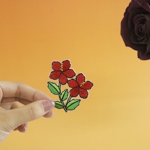 tiny stick on red flower patch, iron on patch, embroidered patch, applique, iron on clothing labels,