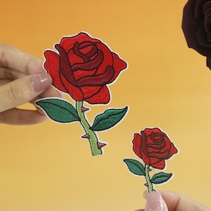 thorny red rose patch, flower patch, iron on patch, embroidered patch, applique, iron on clothing labels,