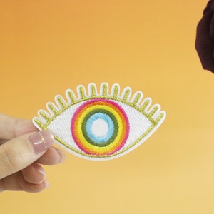 white rainbow evil eye patch, iron on patch, embroidered patch, applique, iron on clothing labels,