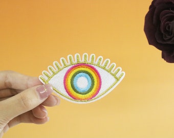 white rainbow evil eye patch, iron on patch, embroidered patch, applique, iron on clothing labels,