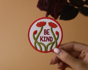 be kind patch, flower patch, red, iron on patch, embroidered patch, applique, iron on clothing labels,