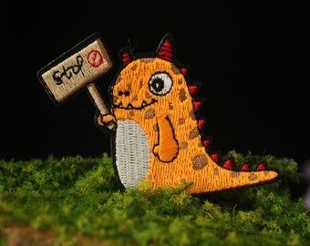 cute little dinosaur patch, stop patch, iron on patch, embroidered patch, applique, iron on clothing labels,