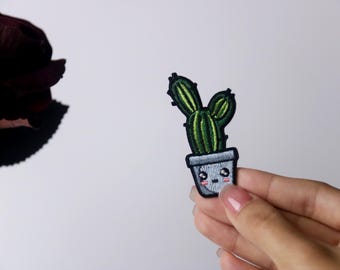 comic cute cactus patch, pot, plant, iron on patch, embroidered patch, applique, iron on clothing labels,