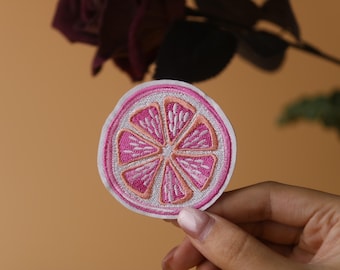 pink lemon slice patch, fruit patch, iron on patch, embroidered patch, applique, iron on clothing labels,