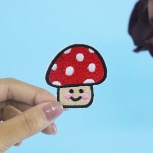 comic mushroom patch, cute, iron on patch, embroidered patch, applique, iron on clothing labels,