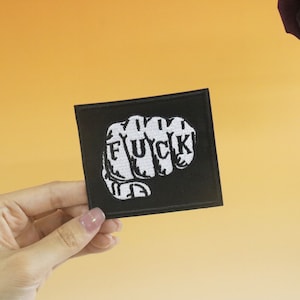 fuck patch, fist patch, iron on patch, embroidered patch, applique, iron on clothing labels,