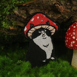 mushroom cat patch, iron on patch, embroidered patch, applique, iron on clothing labels,