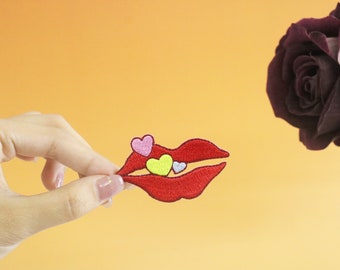 red lip patch, blow a kiss patch, iron on patch, embroidered patch, applique, iron on clothing labels,