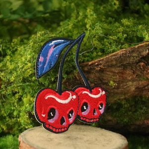 skull cherries patch, fruit patch, cherry, iron on patch, embroidered patch, applique, iron on clothing labels,