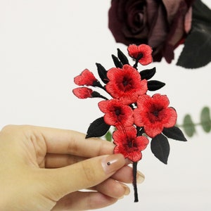 gorgeous cherry blossom patch, black red flower, iron on patch, embroidered patch, applique, iron on clothing labels,