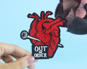 out of order patch, red heart patch, pin nail on heart patch, iron on patch, embroidered patch, applique, iron on clothing labels,
