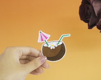 coconut drinks patch, iron on patch, embroidered patch, applique, iron on clothing labels,