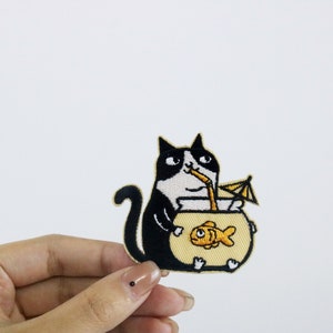 cat with fish tank patch, goldfish, drink, iron on patch, embroidered patch, applique, iron on clothing labels,