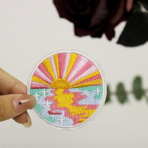 sunrise on the horizon patch, iron on patch, embroidered patch, applique, iron on clothing labels,