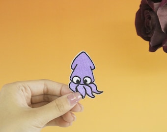 squid patch, fish patch, cute, iron on patch, embroidered patch, applique, iron on clothing labels,