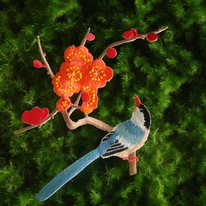 bird on the cherry blossom patch, plum blossom, iron on patch, embroidered patch, applique, iron on clothing labels,