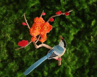 patch vogel op de kersenbloesem, pruimenbloesem, opstrijkbare patch, geborduurde patch, appliqué, opstrijkbare kledinglabels,