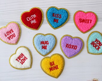 chenille rainbow hearts patch, cute pie, be mine, XOXO, sweet patch, love you, kiss me, iron on patch, embroidered patch, applique,