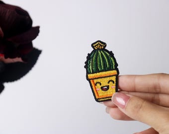 komische cactuspatch, plantenpatch, pot, opstrijkpatch, geborduurde patch, appliqué, opstrijkbare kledinglabels,