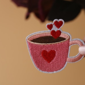 love coffee patch, heart coffee patch, iron on patch, embroidered patch, applique, iron on clothing labels,