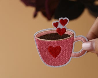 love coffee patch, heart coffee patch, iron on patch, embroidered patch, applique, iron on clothing labels,