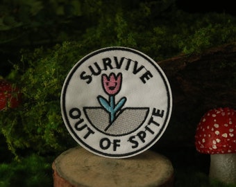 survive out of spite patch, flower, word patch, iron on patch, embroidered patch, applique, iron on clothing labels,