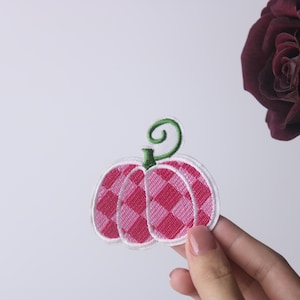 pink pumpkin patch, for Halloween, iron on patch, embroidered patch, applique, iron on clothing labels,