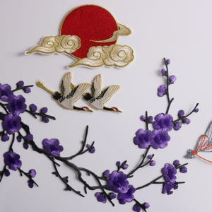 parche de grulla, parche de sol, parche de flor de cerezo violeta, parche de libélula, parches termoadhesivos, parches bordados, apliques, parches por juego