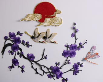 Purple Cherry Blossom Patch Set, Crane Sun Dragonfly Iron On Patches, Japanese Embroidered Applique Set for Jackets, Denim