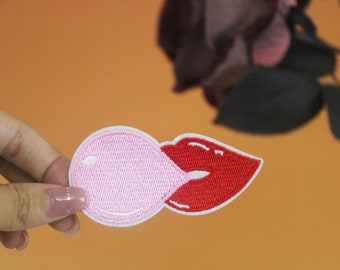gum patch, blow a bubble patch, red lip, iron on patch, embroidered patch, applique, iron on clothing labels,